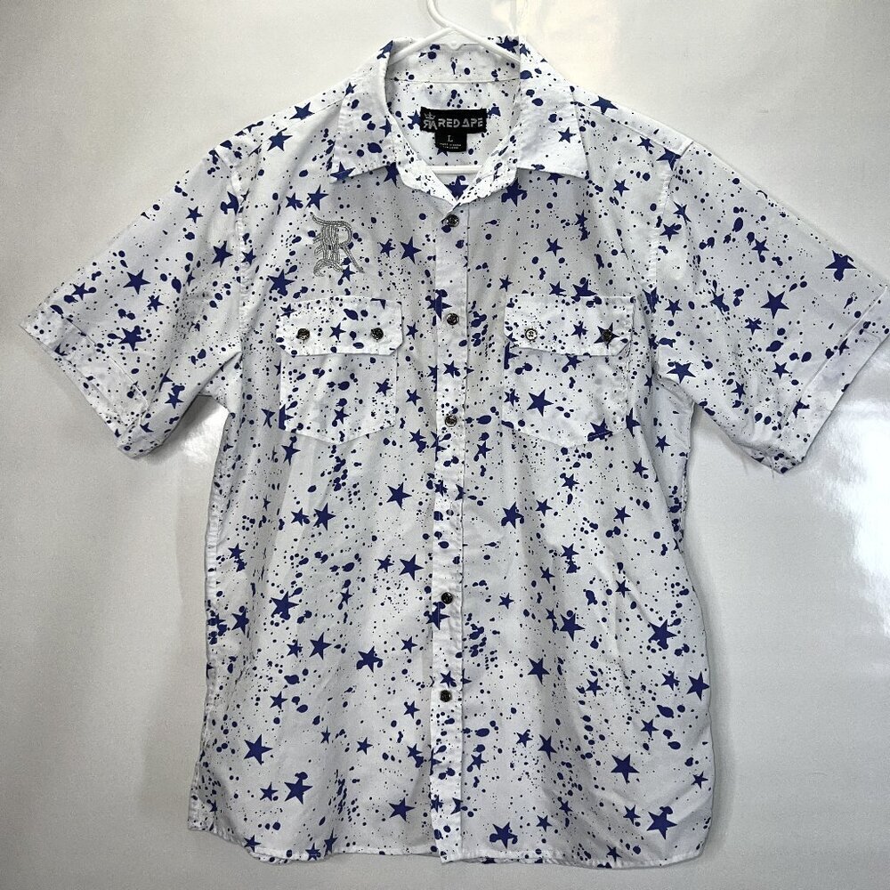 Red Ape Blue Stars Men's Button Down Shirt Size L